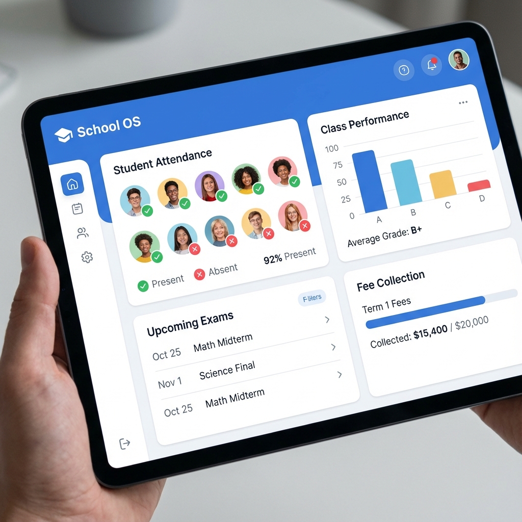 Vision Technology school management software dashboard with student analytics